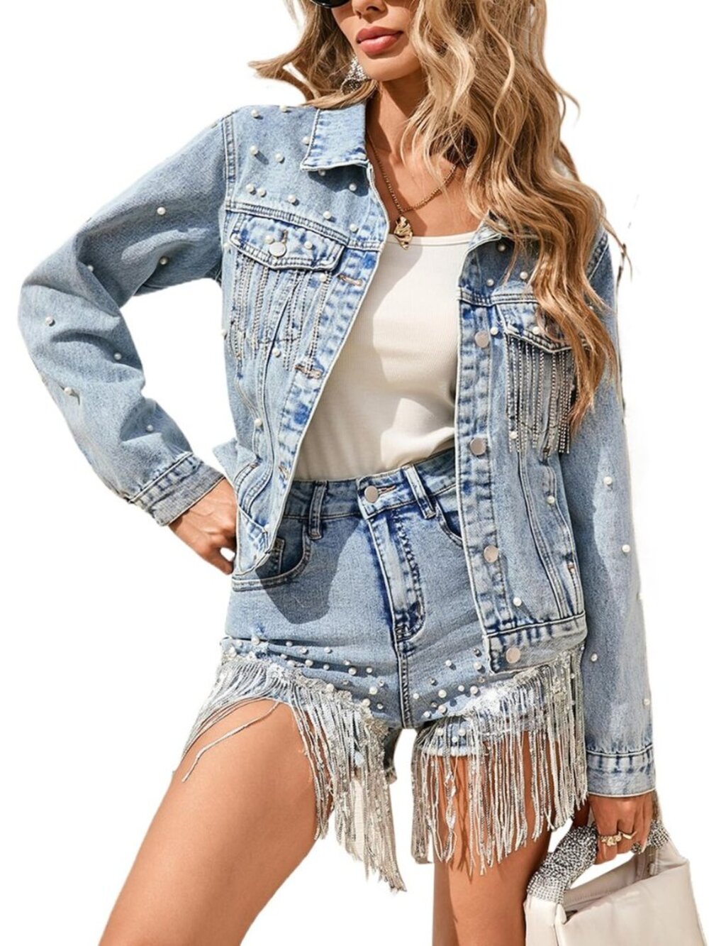 Pearl Tassel Jean Jacket for Women with Heart Pearl Back Fringe Denim Coat
